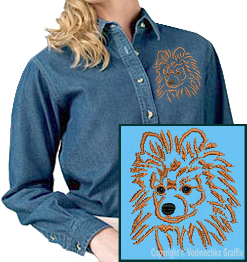 Pomeranian Portrait #3 Embroidered Women's Denim Shirt - Click Image to Close