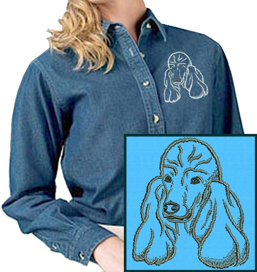 Poodle Portrait #1 Embroidered Women's Denim Shirt - Click Image to Close