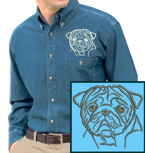 Pug Portrait #1 Embroidered Men's Denim Shirt - Click Image to Close