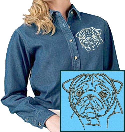 Pug Portrait #1 Embroidered Women's Denim Shirt - Click Image to Close