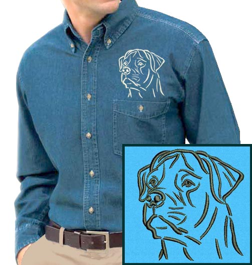 Rottweiler Portrait #1 Embroidered Men's Denim Shirt - Click Image to Close