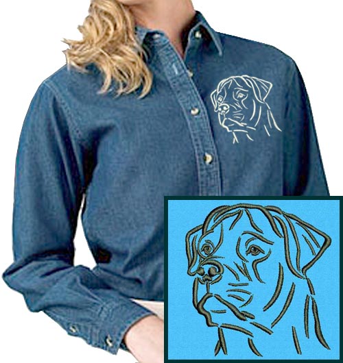 Rottweiler Portrait #1 Embroidered Women's Denim Shirt - Click Image to Close
