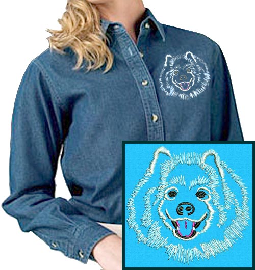 Samoyed Portrait #1 Embroidered Women's Denim Shirt - Click Image to Close