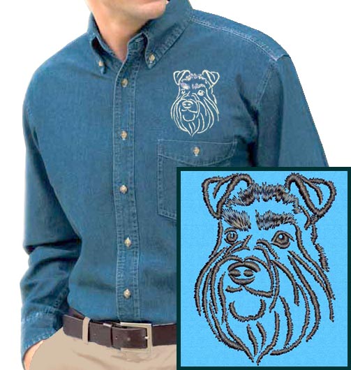 Schnauzer Portrait #1 Embroidered Men's Denim Shirt - Click Image to Close