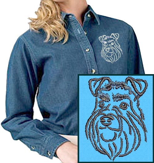 Schnauzer Portrait #1 Embroidered Women's Denim Shirt - Click Image to Close