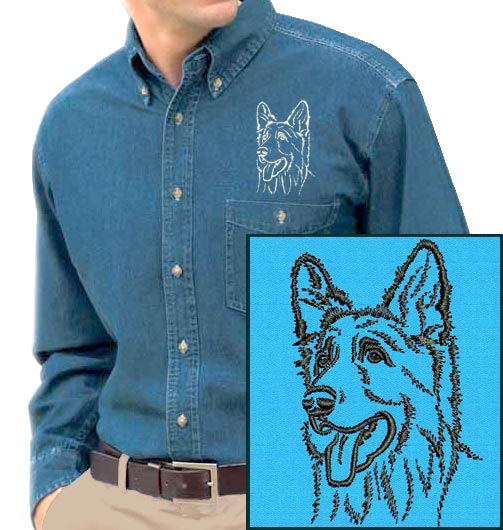 Shiloh Shepherd Portrait #1 Embroidered Men's Denim Shirt - Click Image to Close