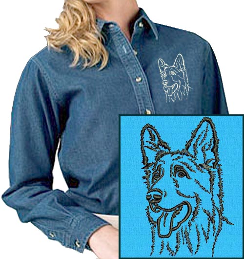 Shiloh Shepherd Portrait #1 Embroidered Women's Denim Shirt - Click Image to Close