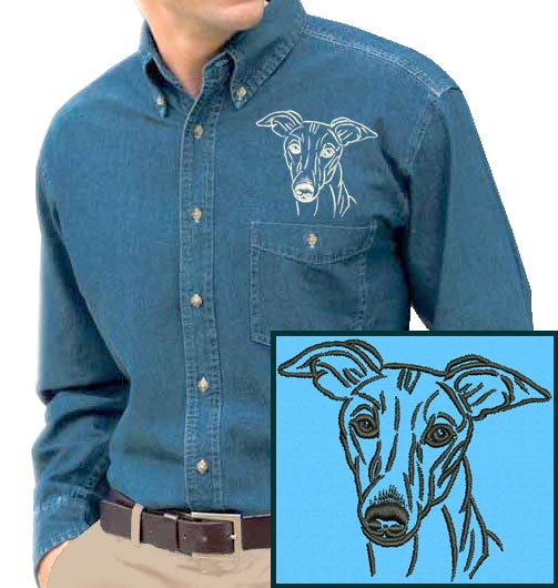 Whippet Portrait #1 Embroidered Men's Denim Shirt - Click Image to Close