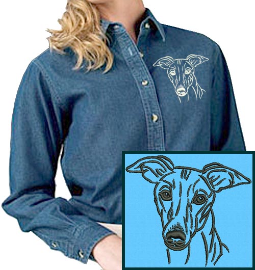 Whippet Portrait #1 Embroidered Women's Denim Shirt - Click Image to Close