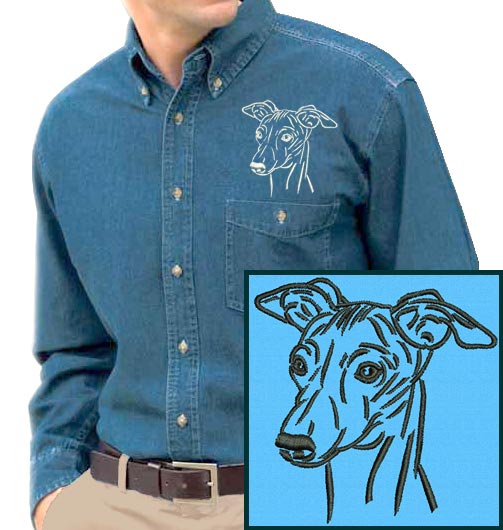 Whippet Portrait #2 Embroidered Men's Denim Shirt - Click Image to Close
