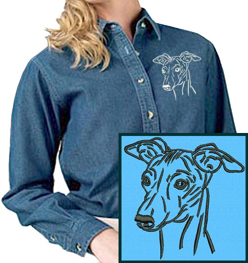 Whippet Portrait #2 Embroidered Women's Denim Shirt - Click Image to Close