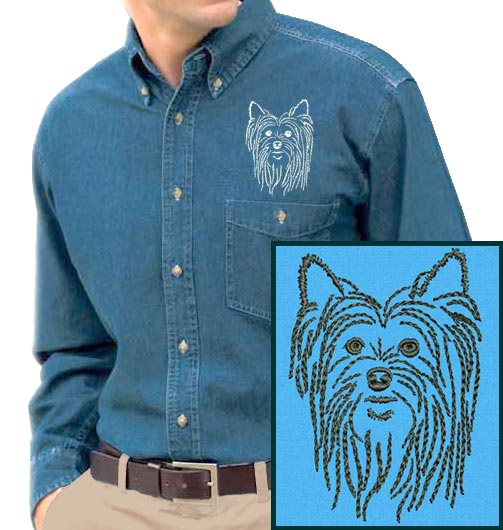 Yorkshire Terrier Portrait #1 Embroidered Men's Denim Shirt - Click Image to Close