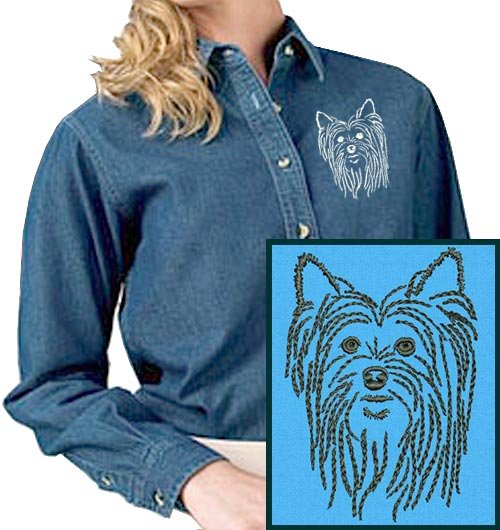 Yorkshire Terrier Portrait #1 Embroidered Women's Denim Shirt - Click Image to Close