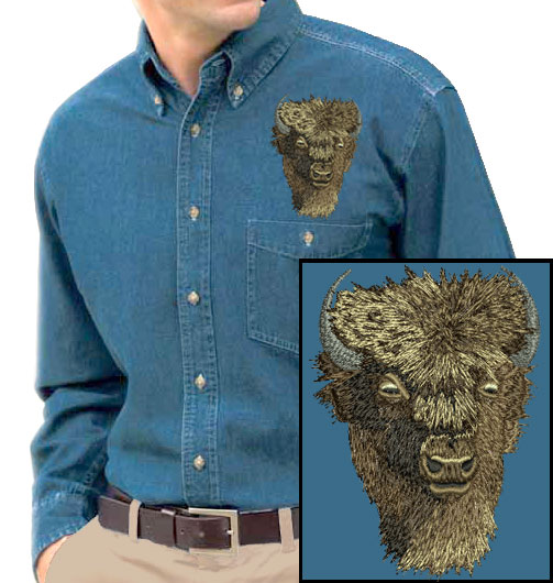 Bison High Definition Portrait #1 Embroidered Men's Denim Shirt - Click Image to Close
