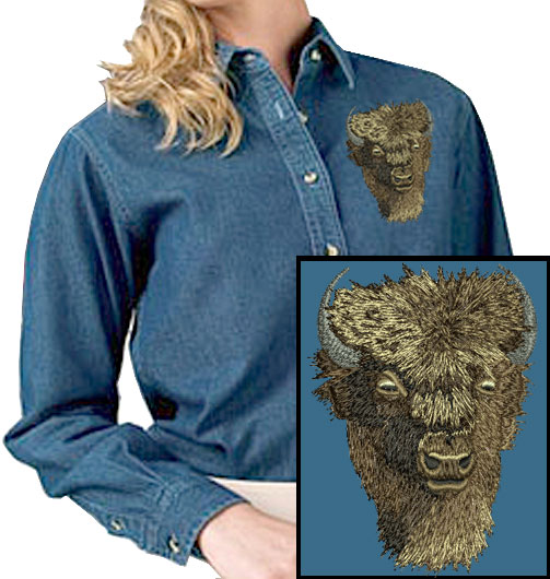 Bison High Definition Portrait #1 Embroidered Womens Denim Shirt - Click Image to Close