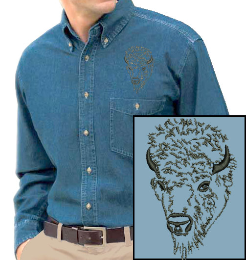Bison Portrait #1 Embroidered Men's Denim Shirt - Click Image to Close