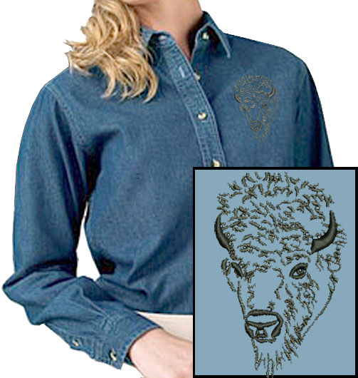 Bison Portrait #1 Embroidered Women's Denim Shirt - Click Image to Close