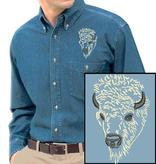 Bison Portrait #2 - White Buffalo Embroidered Men's Denim Shirt - Click Image to Close