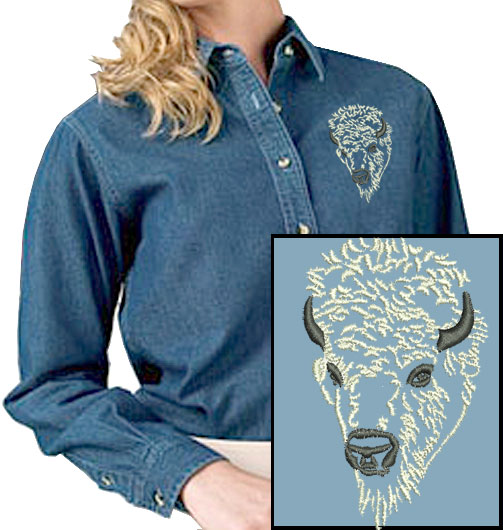 Bison Portrait #2 -White Buffalo Embroidered Women's Denim Shirt - Click Image to Close