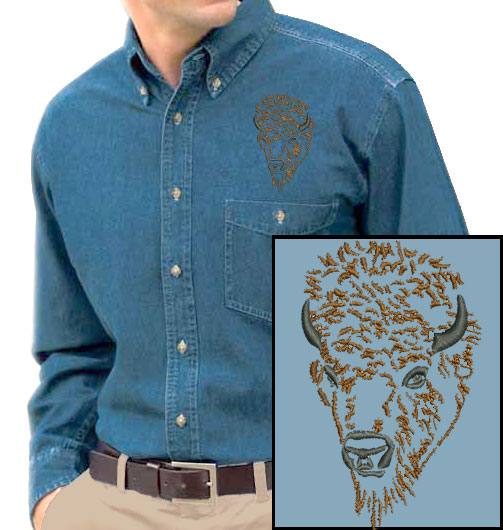 Bison Portrait #3 - Buffalo Embroidered Men's Denim Shirt - Click Image to Close