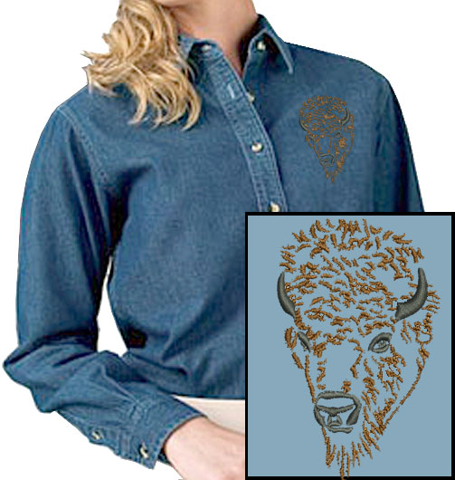 Bison Portrait #3 -Buffalo Embroidered Women's Denim Shirt - Click Image to Close