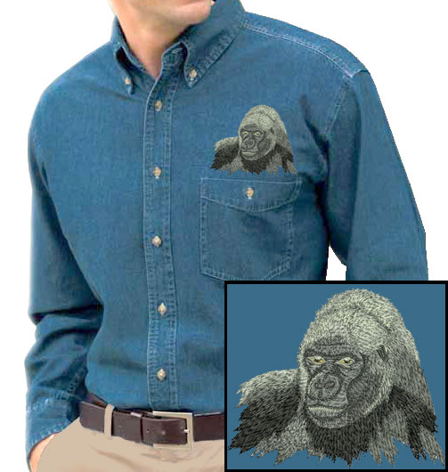 Gorilla High Def. Portrait #1 Embroidered Mens Denim Shirt - Click Image to Close