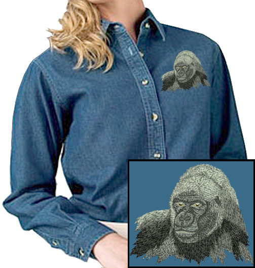 Gorilla High Def. Portrait #1 Embroidered Womem's Denim Shirt - Click Image to Close
