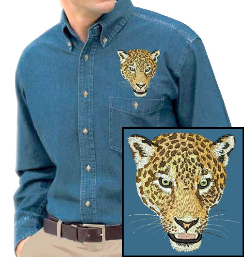 Jaguar High Def. Portrait #1 Embroidered Men's Denim Shirt - Click Image to Close