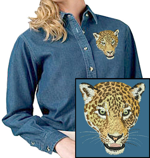 Jaguar High Def. Portrait #1 Embroidered Women's Denim Shirt - Click Image to Close