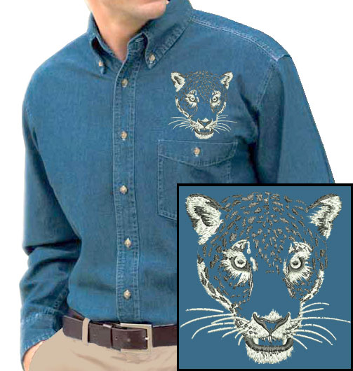 Jaguar Portrait #1 Embroidered Men's Denim Shirt - Click Image to Close