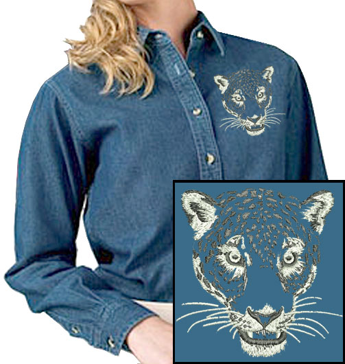 Jaguar Portrait #1 Embroidered Women's Denim Shirt - Click Image to Close