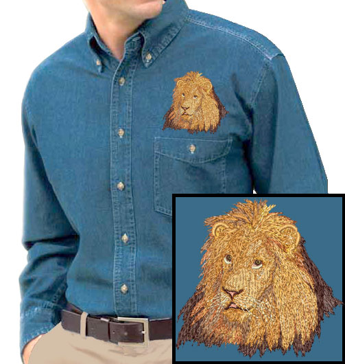 Lion HD Portrait #1 Embroidered Men's Denim Shirt - Click Image to Close