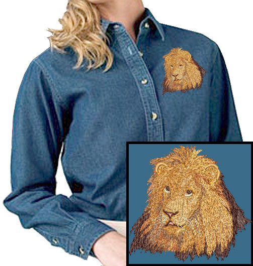 Lion HD Portrait #1 Embroidered Women's Denim Shirt - Click Image to Close