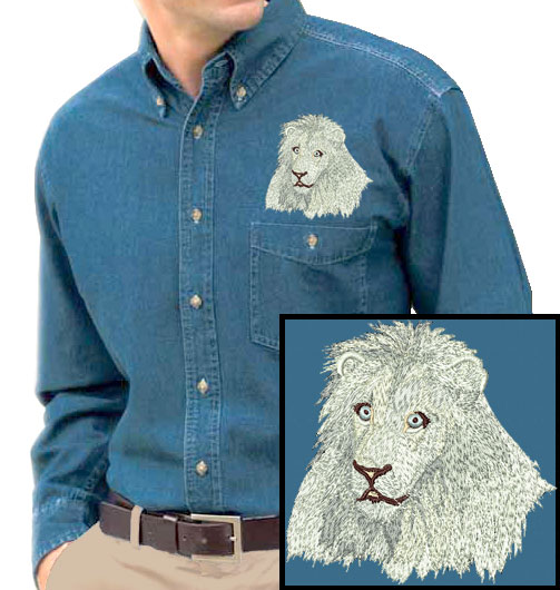 Lion HD Portrait #2 - White Lion Embroidered Men's Denim Shirt - Click Image to Close