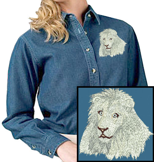 Lion HD Portrait #2 - White Lion Embroidered Women's Denim Shirt - Click Image to Close