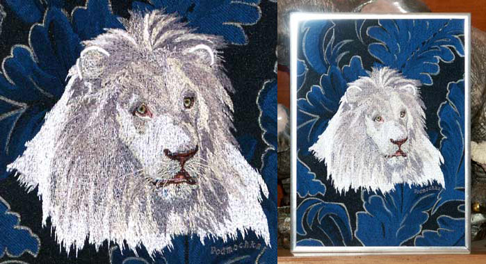 Lion High Def Embroidery Portrait #2 - White Lion on Canvas 9X12 - Click Image to Close