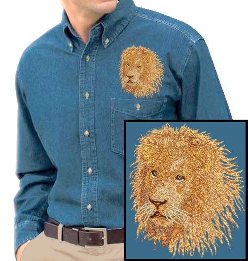 Lion HD Portrait #3 Embroidered Men's Denim Shirt - Click Image to Close
