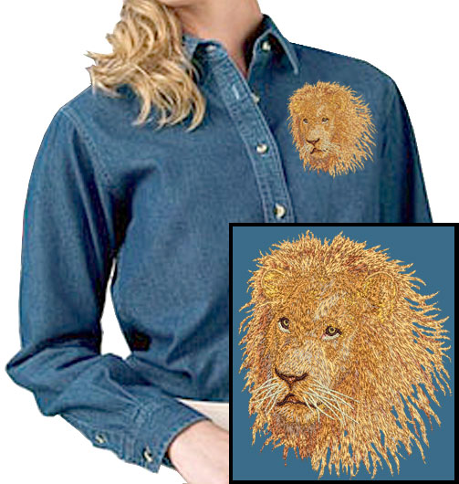 Lion HD Portrait #3 Embroidered Women's Denim Shirt - Click Image to Close