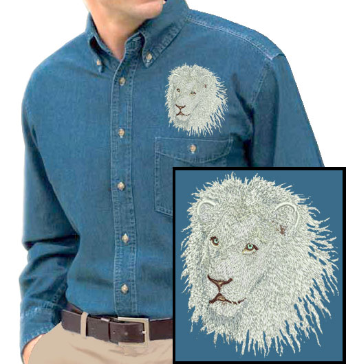 Lion HD Portrait #4 - White Lion Embroidered Men's Denim Shirt - Click Image to Close