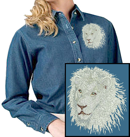 Lion HD Portrait #4 - White Lion Embroidered Women's Denim Shirt - Click Image to Close
