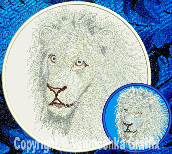 Lion HD Portrait #4 - 8" White Lion Embroidery Patch - Click Image to Close