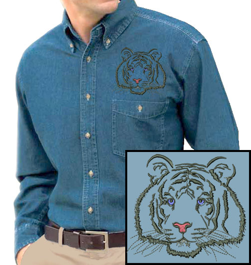 Tiger Portrait #1 Embroidered Men's Denim Shirt - Click Image to Close