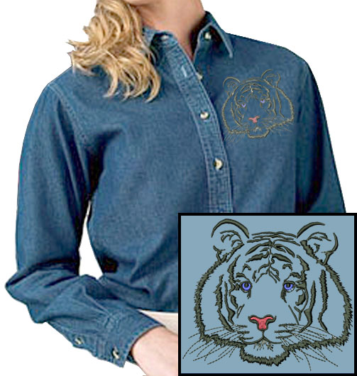 Tiger Portrait #1 Embroidered Women's Denim Shirt - Click Image to Close