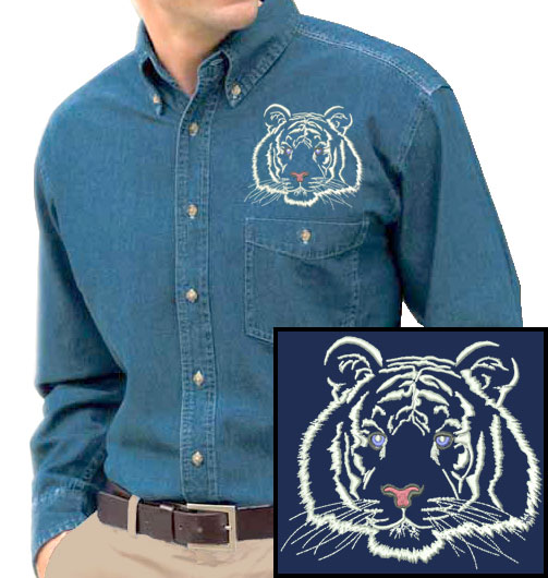 Tiger Portrait #2 - White Tiger Embroidered Men's Denim Shirt - Click Image to Close