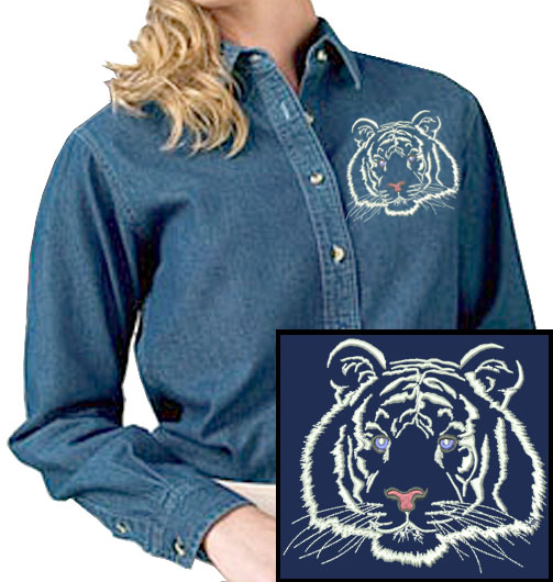 Tiger Portrait #2 - White Tiger Embroidered Women's Denim Shirt - Click Image to Close