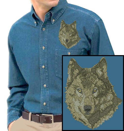 Wolf High Definition Portrait #1 Embroidered Men's Denim Shirt - Click Image to Close