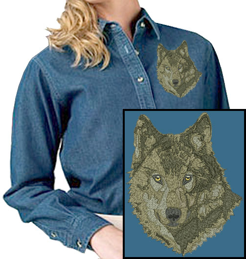 Wolf High Definition Portrait #1 Embroidered Women's Denim Shirt - Click Image to Close