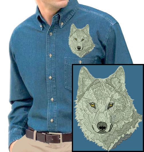 Wolf High Definition Portrait #2 Embroidered Men's Denim Shirt - Click Image to Close