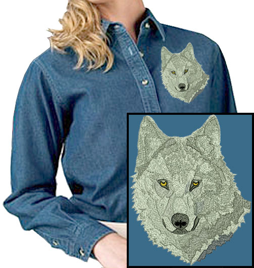 Wolf High Definition Portrait #2 Embroidered Women's Denim Shirt - Click Image to Close
