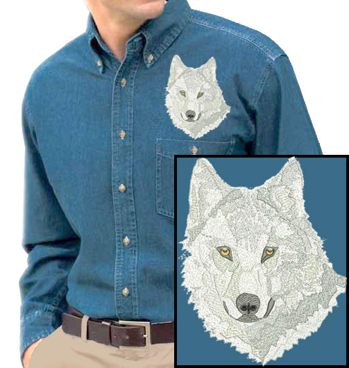 Wolf High Definition Portrait #3 Embroidered Men's Denim Shirt - Click Image to Close